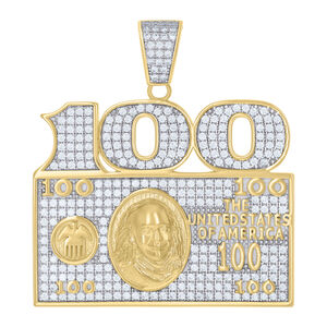 925 Sterling Silver Yellow-tone  CZ 100 Dollar Bill Currency Charm Pendant